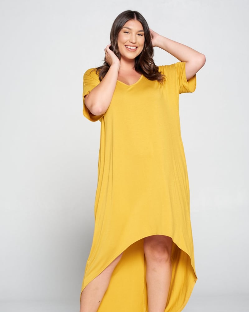 Front of a model wearing a size 1X Ellie High Low Dress in Mustard by L I V D. | dia_product_style_image_id:240556